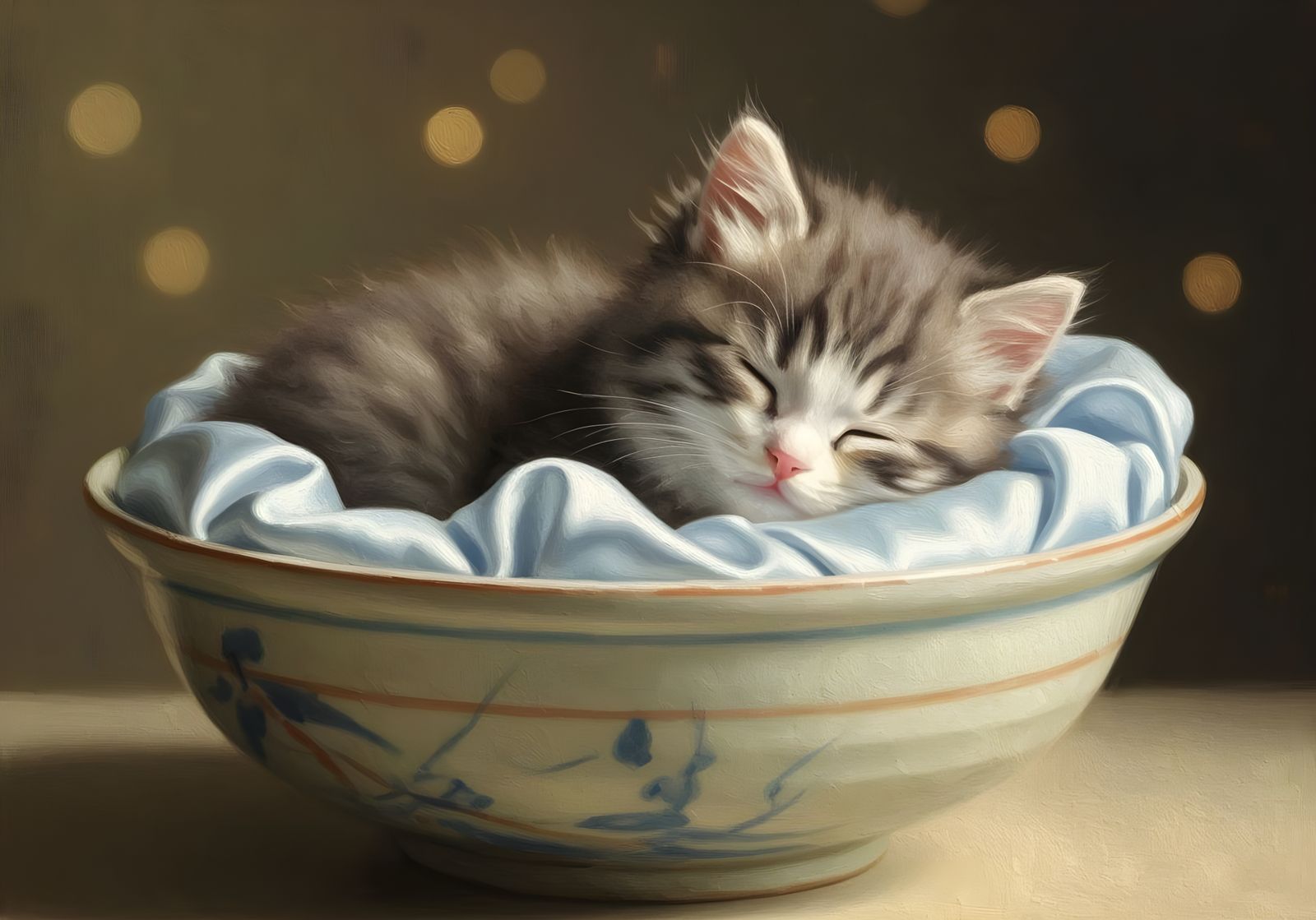 Adorable Kitten Sleeping in Japanese Ceramic Bowl Oil Painti...