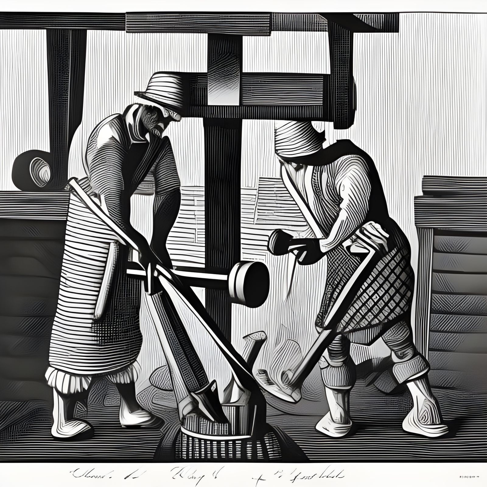 Checkered Workers Forging Wheel in Linocut Style