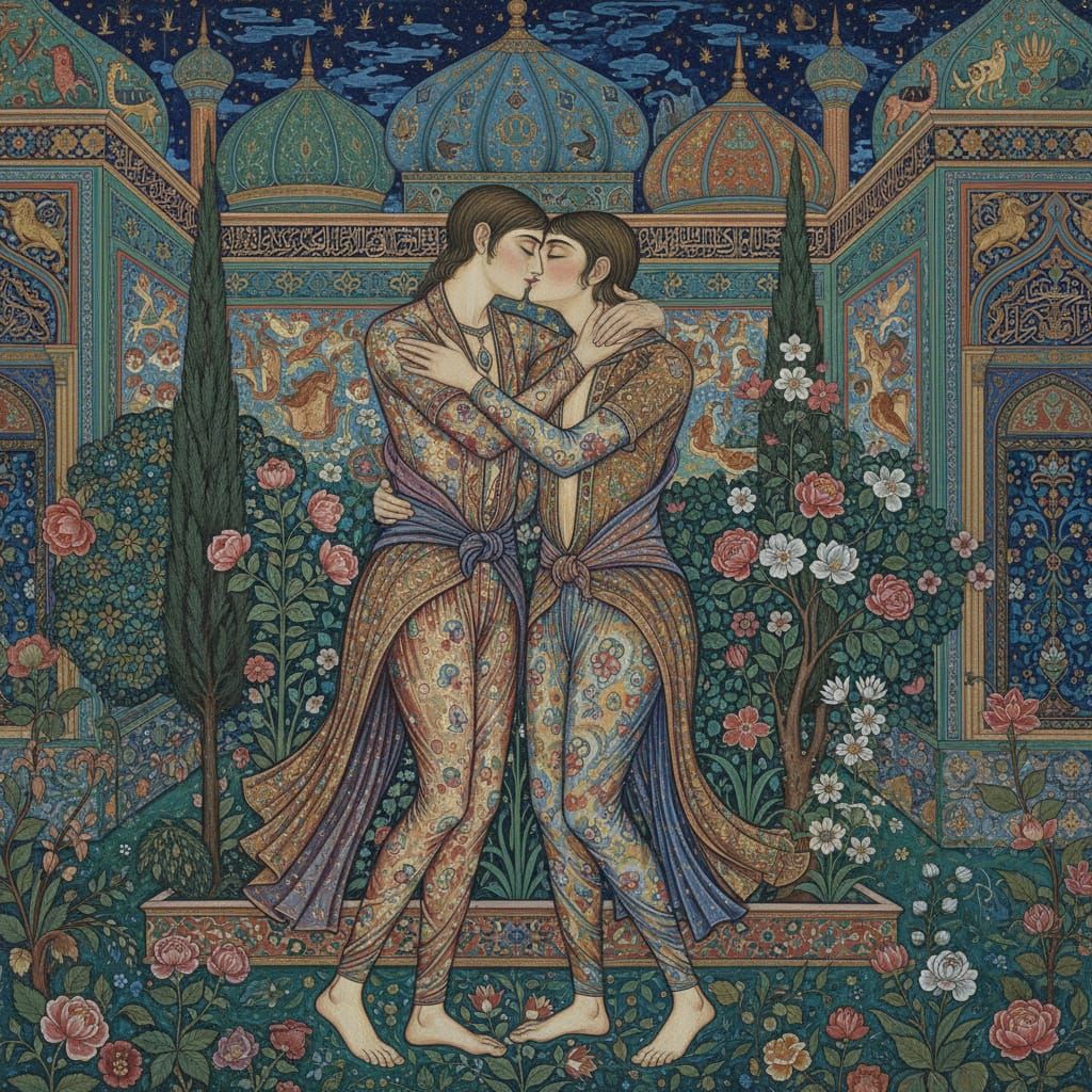 Intimate Embrace in Persian Garden, Traditional Art Style