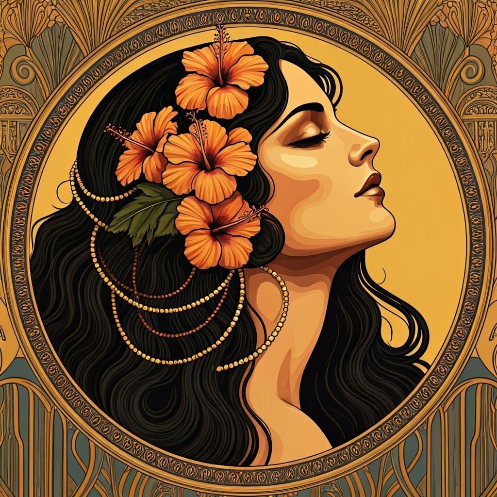 Art Deco Woman with Hibiscus Flowers and Beads