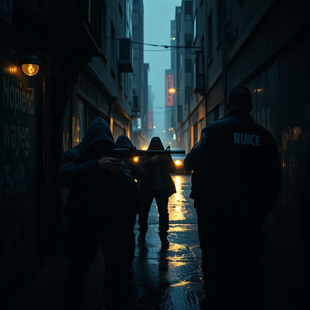Gritty Mafia War Scene in Rain-Soaked Alleyway