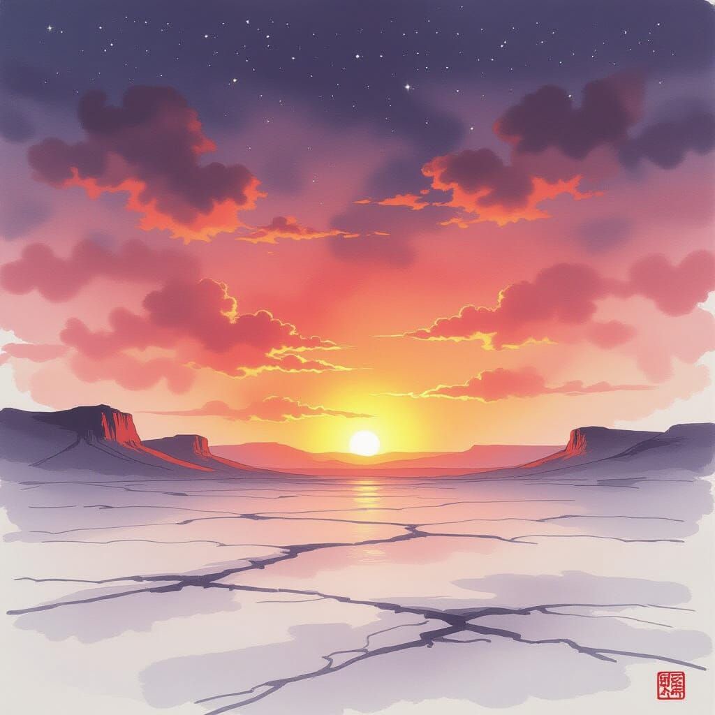 Vivid Sunset Over White Desert in Sumi-e Style