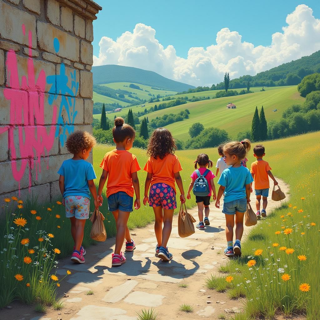 Children Cleaning Nature, Street Art Style