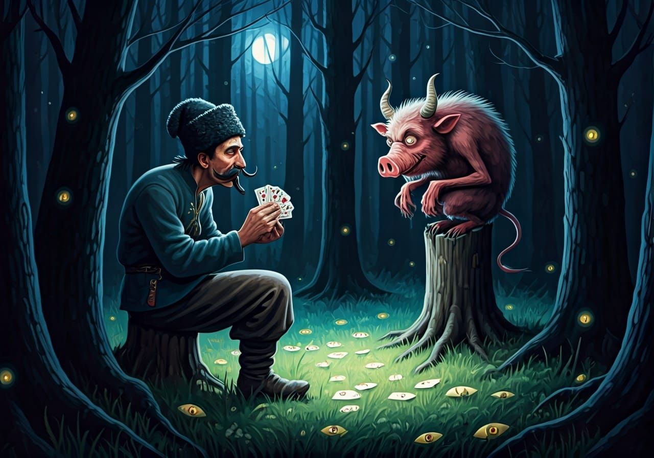 Cossack Gambles with Devil: Gouache Illustration