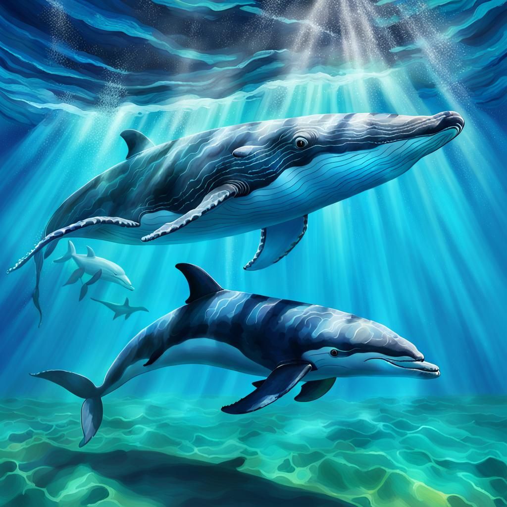 Blue Whale and Dolphin in Digital Painting