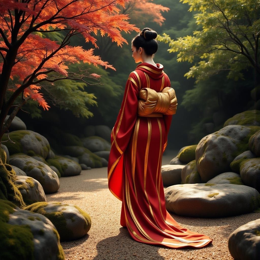 Elegant Geisha in a Luxurious Red Kimono, Against a Moody Ze...