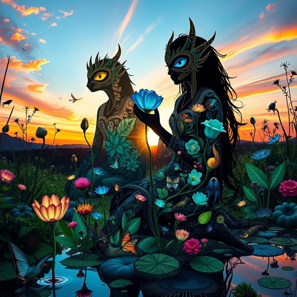 Mystical Creatures Collage in Dreamlike Setting