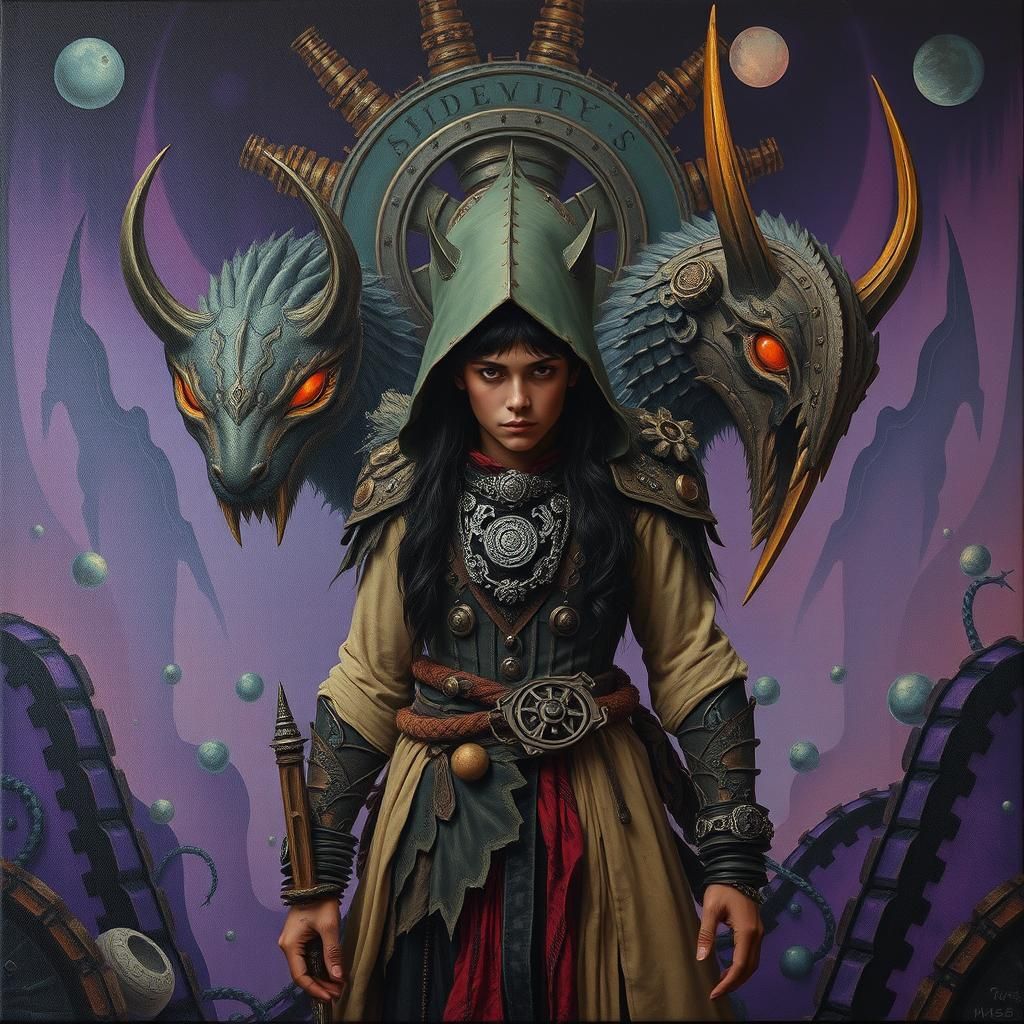 Melancholic Warrior in Dystopian Art Nouveau Landscape