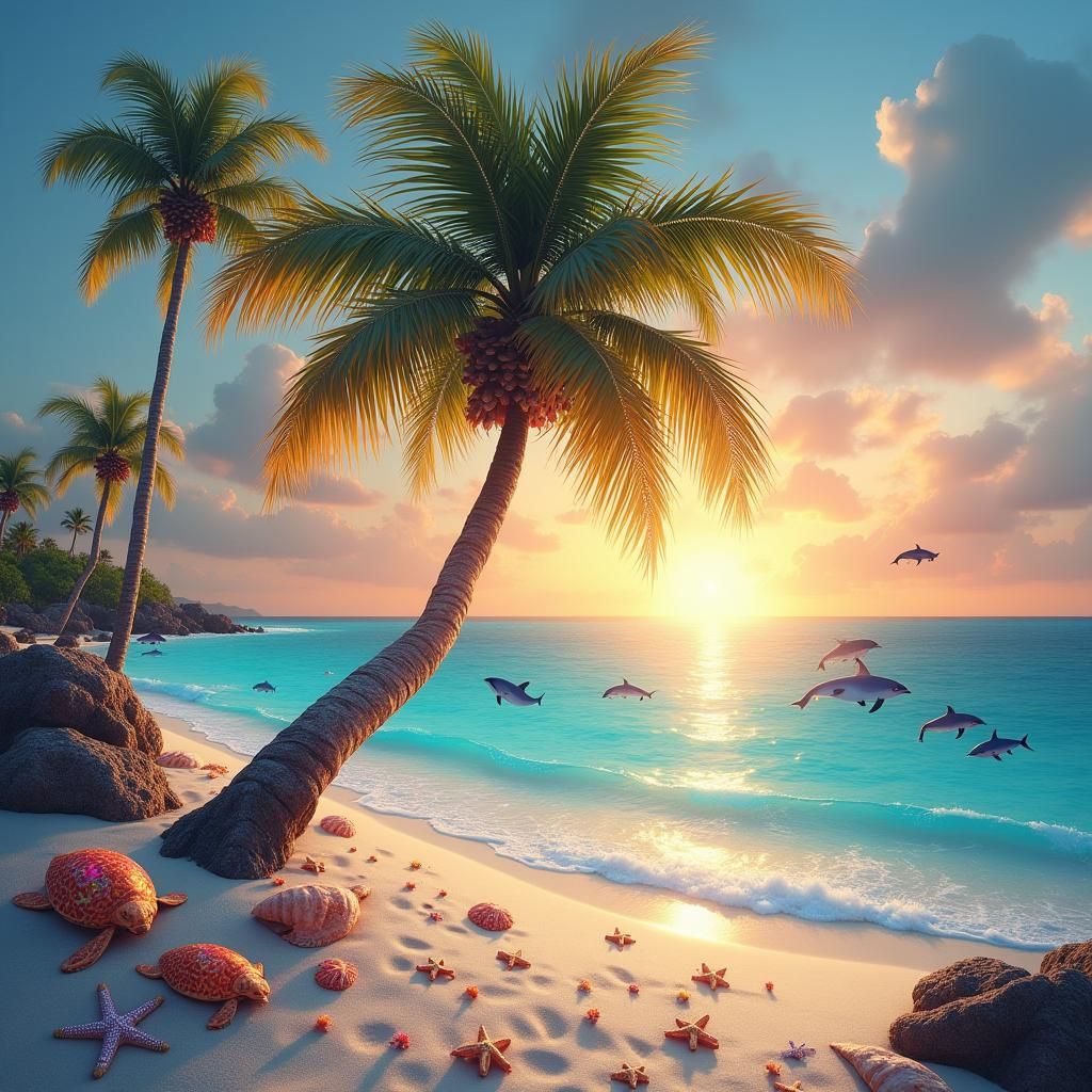 Iridescent Seashell Palm Tree at Sunset