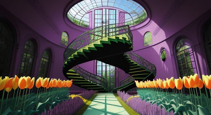 Surreal Mansion Greenhouse with Tulips and Strange Creatures