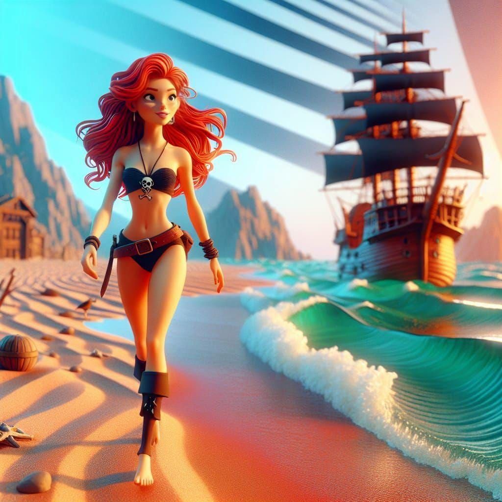 Pirate Woman on Beach in Sculpted Clay Style