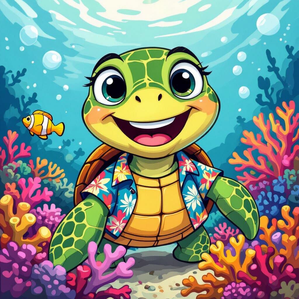 Cartoon Turtle with Hawaiian Shirt in Coral Reef