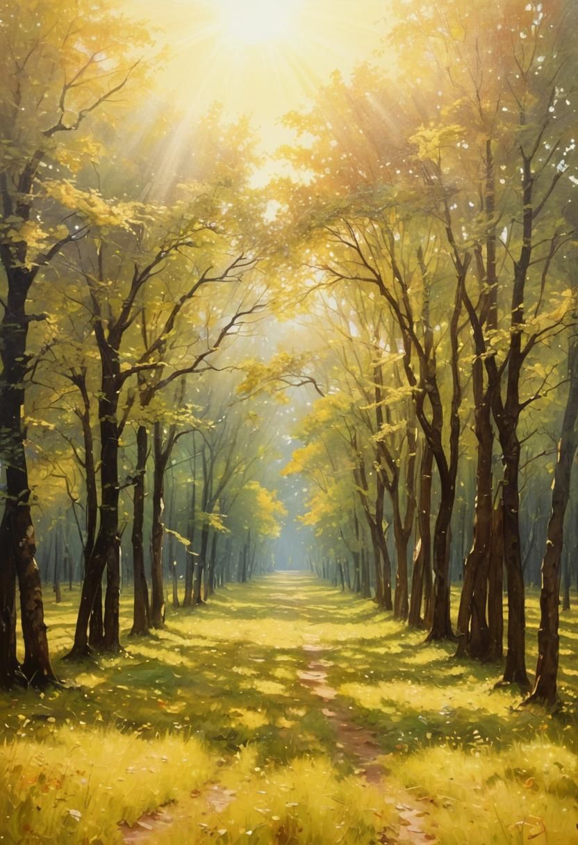 Sun-Dappled Landscape in Glowing Oil Painting Style