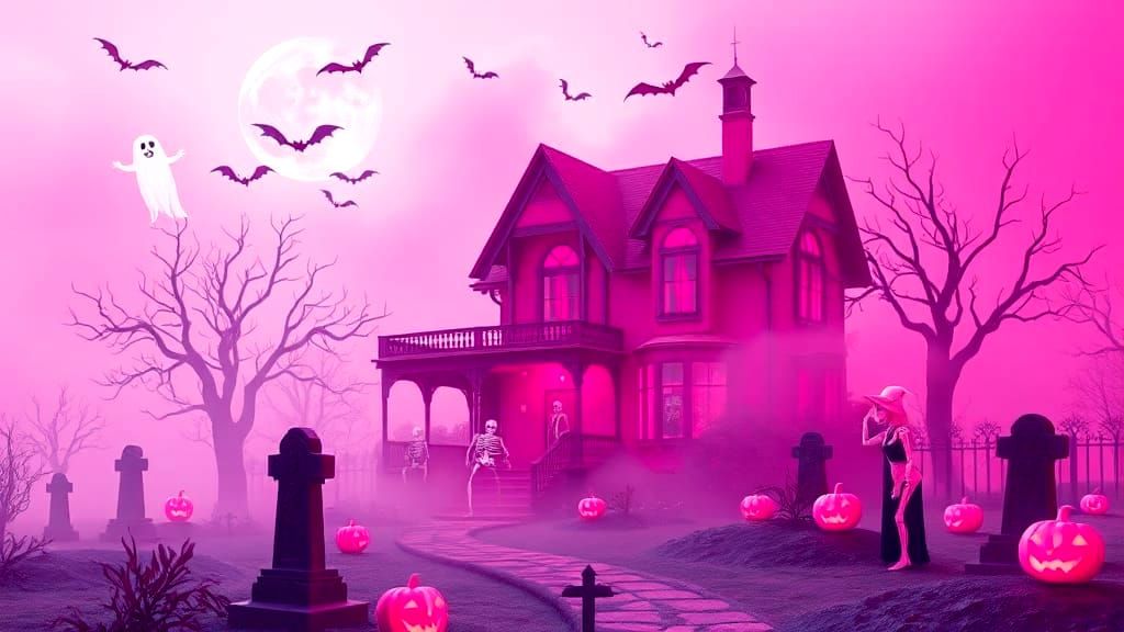 Neon Pink Cyberpunk Halloween Scene in 3D