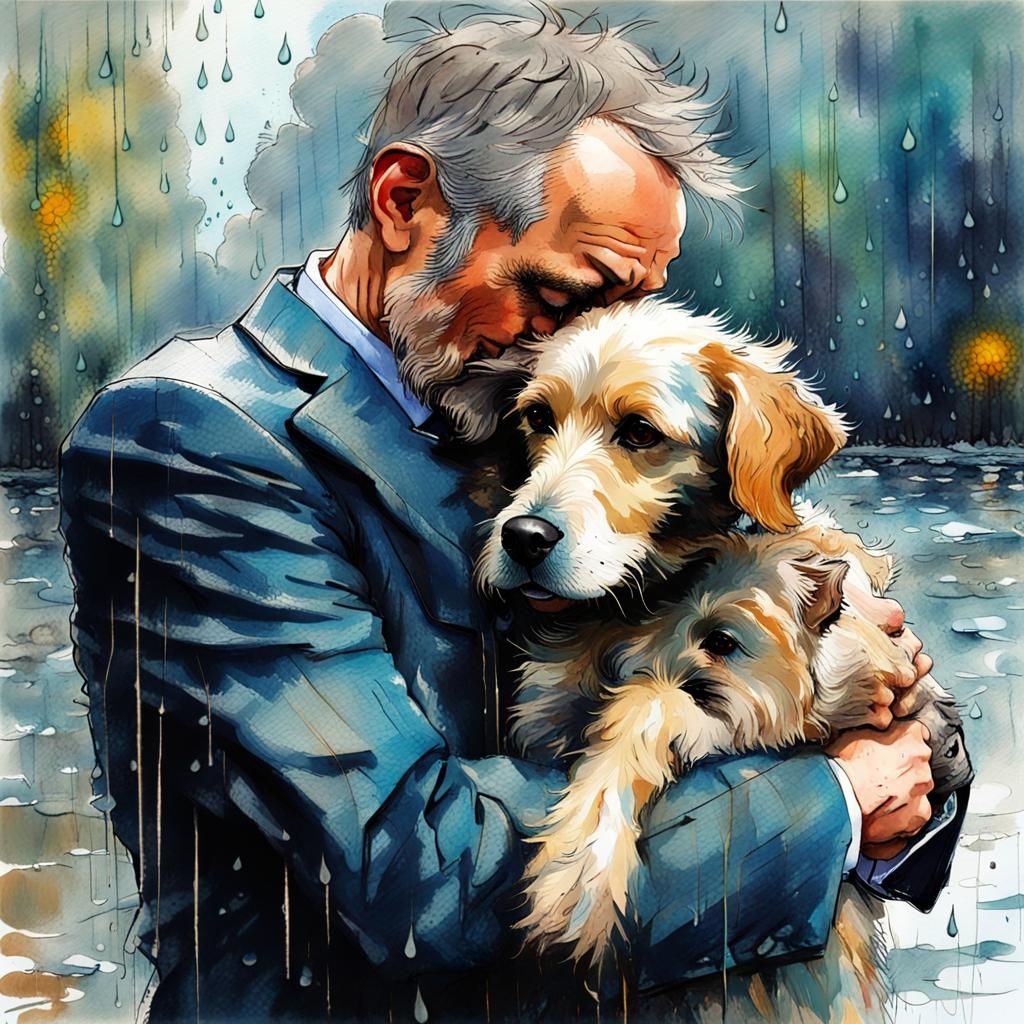 Man and Dog Embrace in Rainy Impressionism
