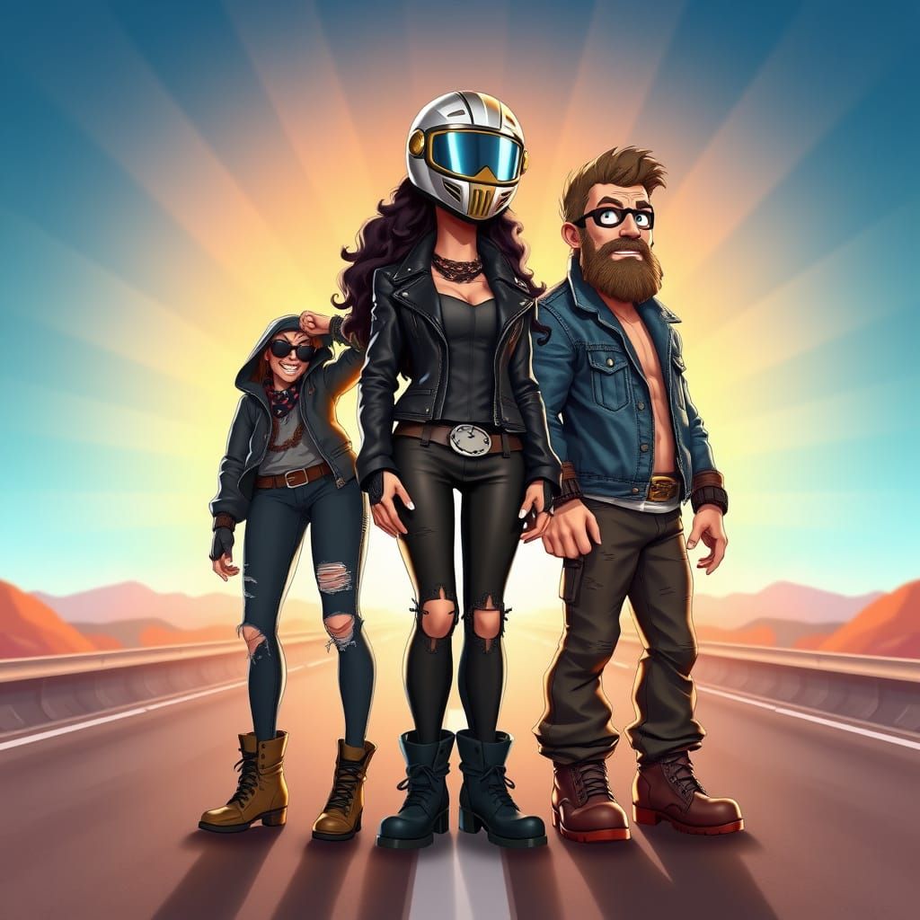 Glamorous Biker Duo Against Sunset Gradient Background