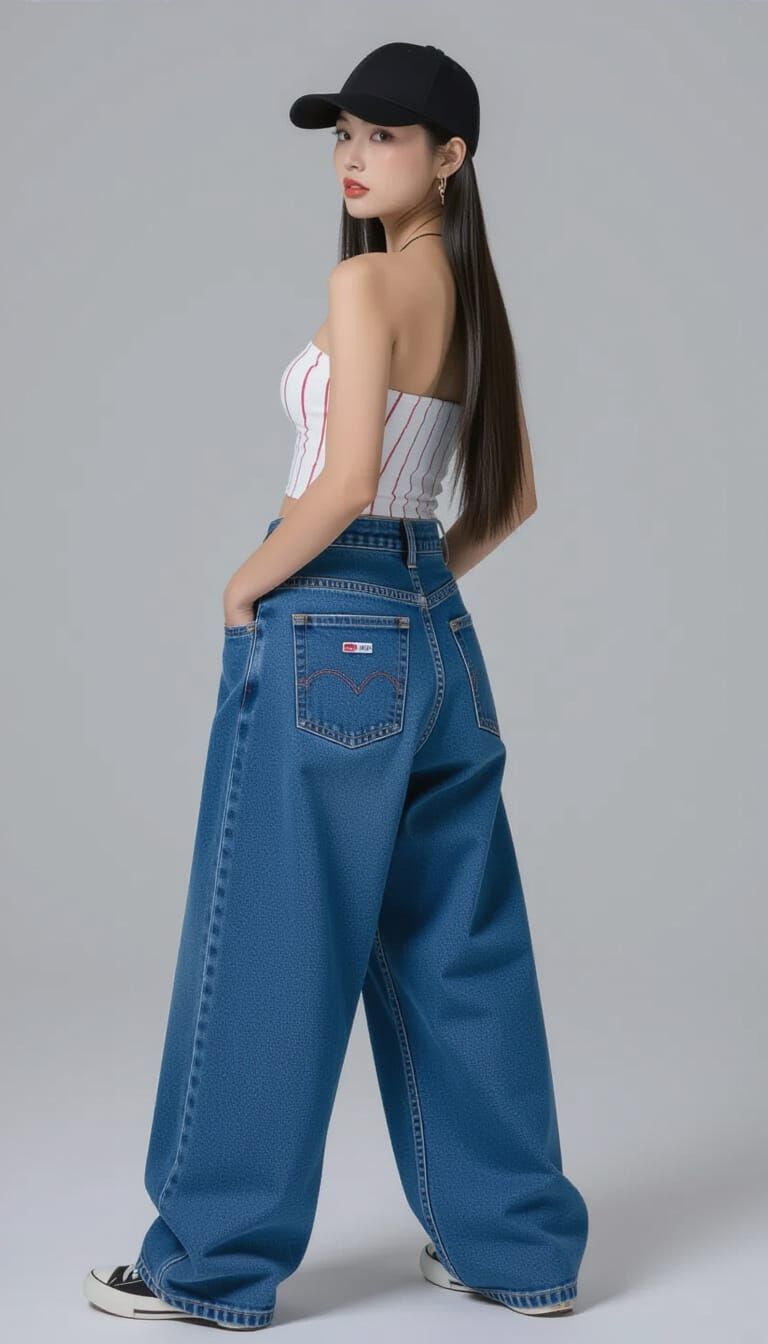 Casual Woman Posing in Baggy Jeans and Striped Top