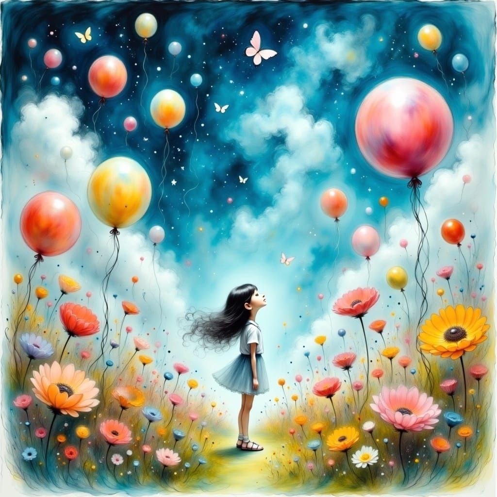 Girl in Meadow with Butterflies in Dreamy Futurism