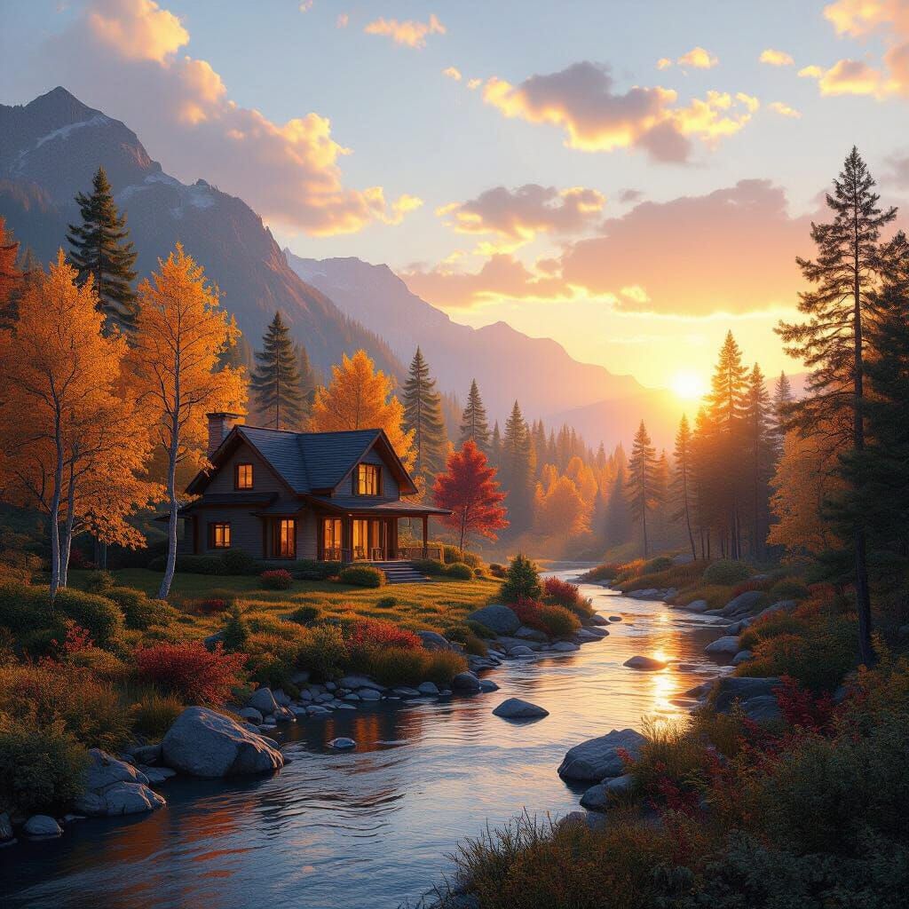 Serene Forest House at Sunset: Photorealistic Landscape