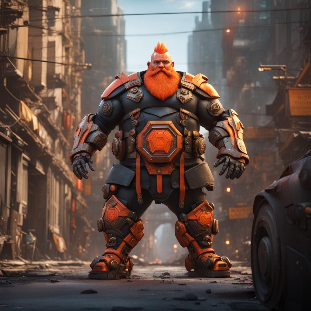 Dwarf Superhero Battles Robot in Detailed Digital Art