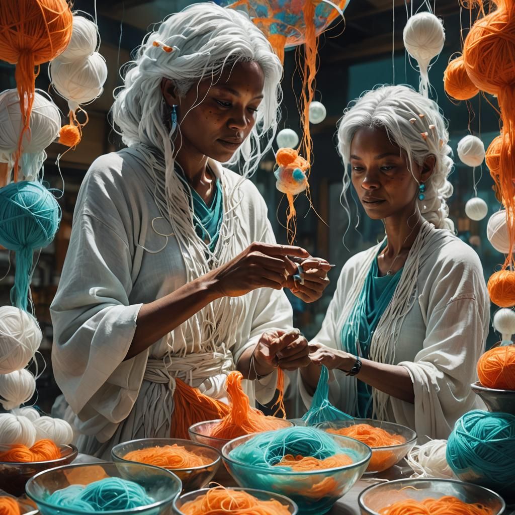 Arachnid Women Dyeing Yarn in Glass Bowls