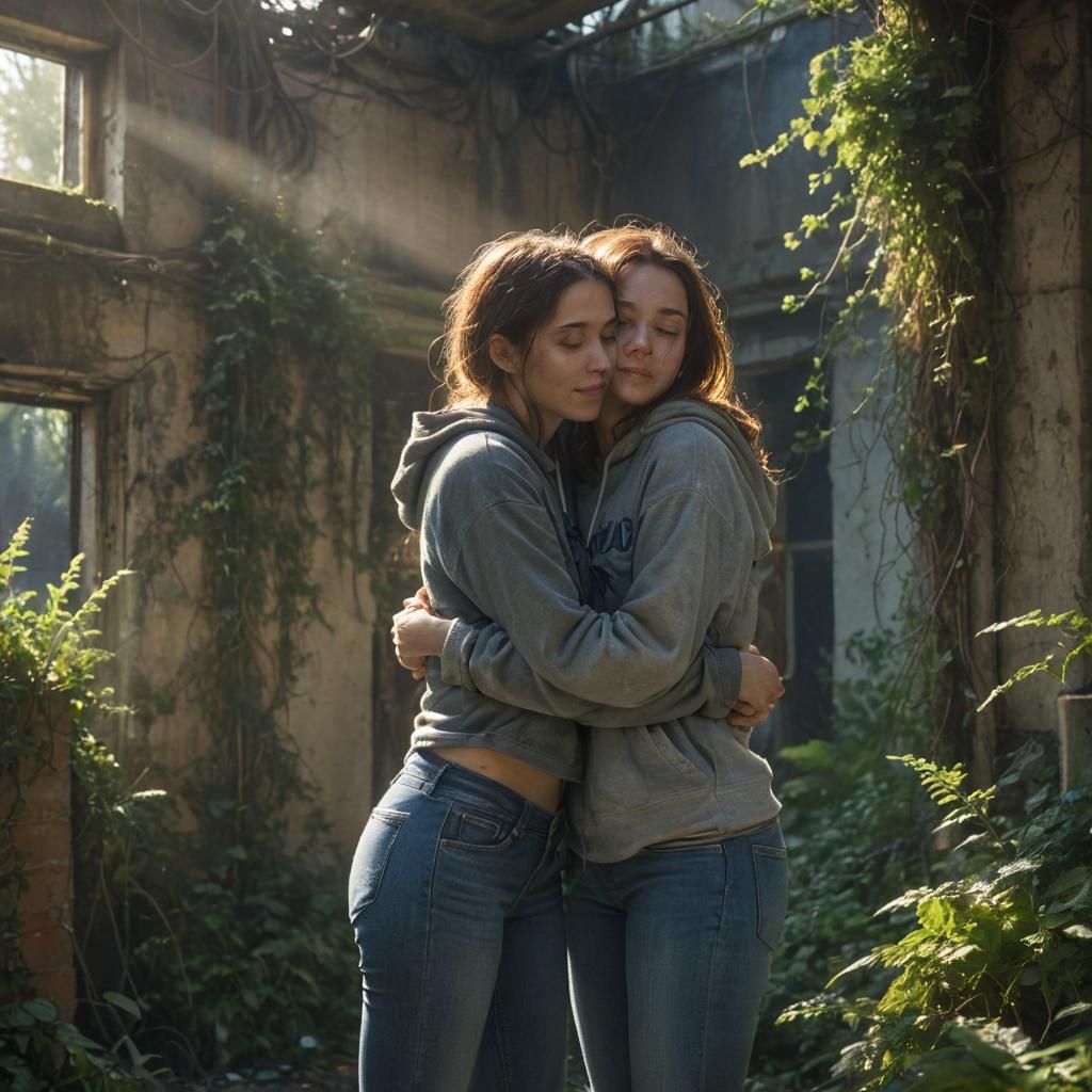 Dystopian Embrace in Sunlit Ruins