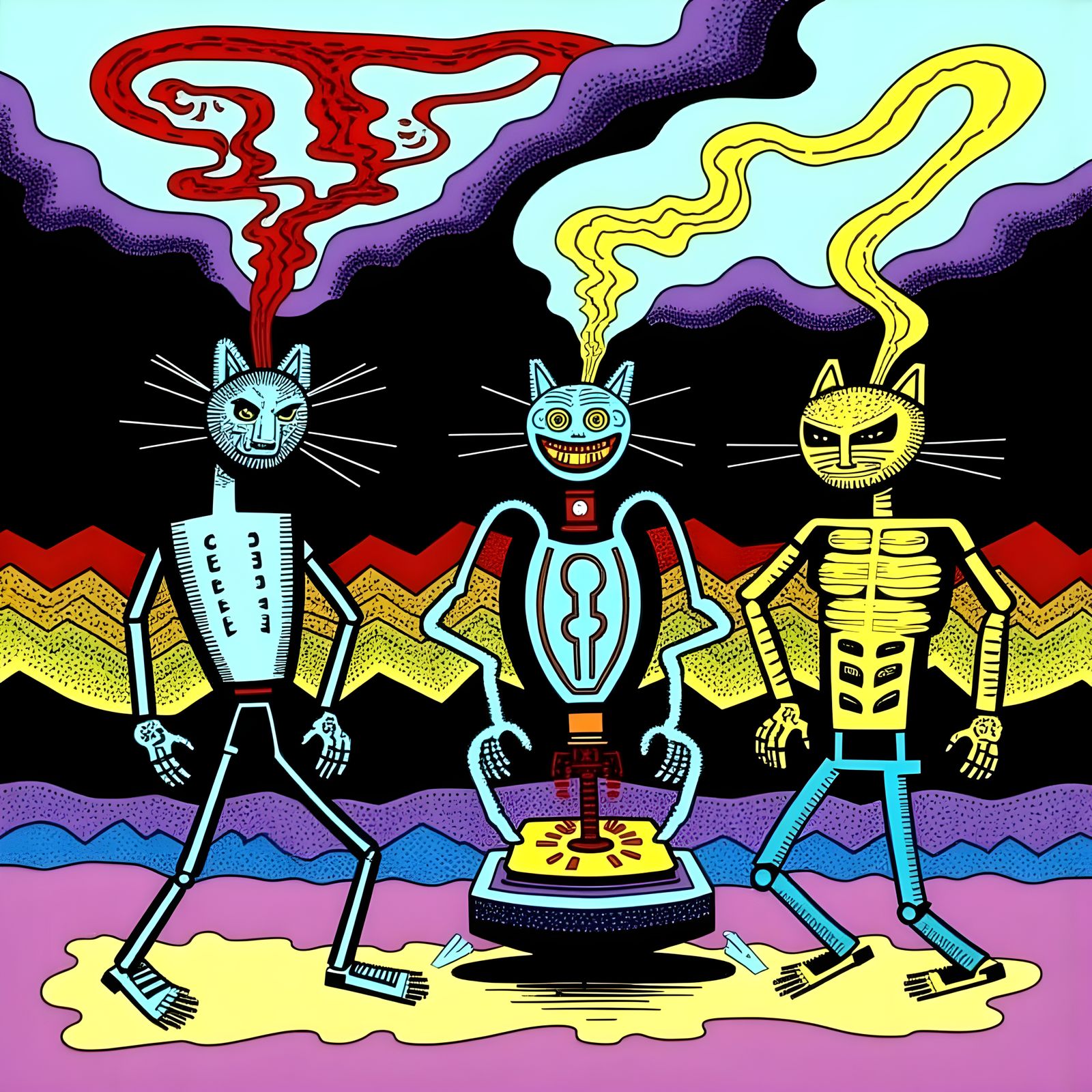 Hairy Who Style Cats Smoking by River