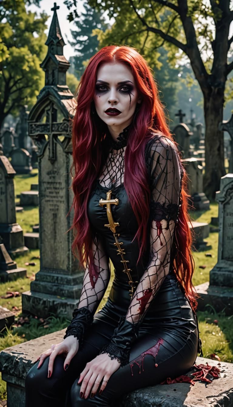 Sitting on the tombstone ,is a skiny, young Vampire with Red...