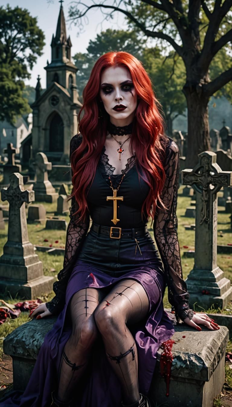 Sitting on the tombstone ,is a skiny, young Vampire with Red...
