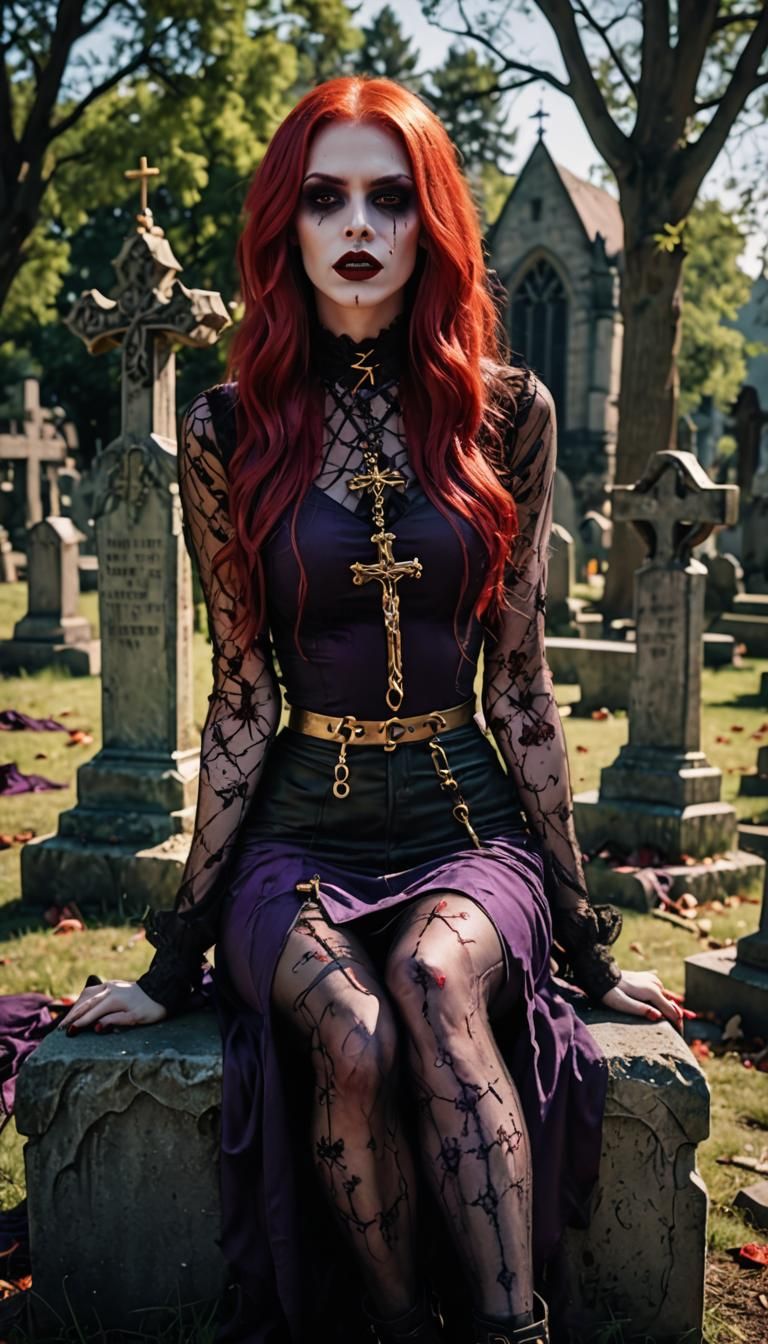 Sitting on the tombstone ,is a skiny, young Vampire with Red...