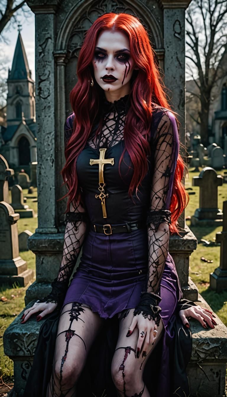 Sitting on the tombstone ,is a skiny, young Vampire with Red...