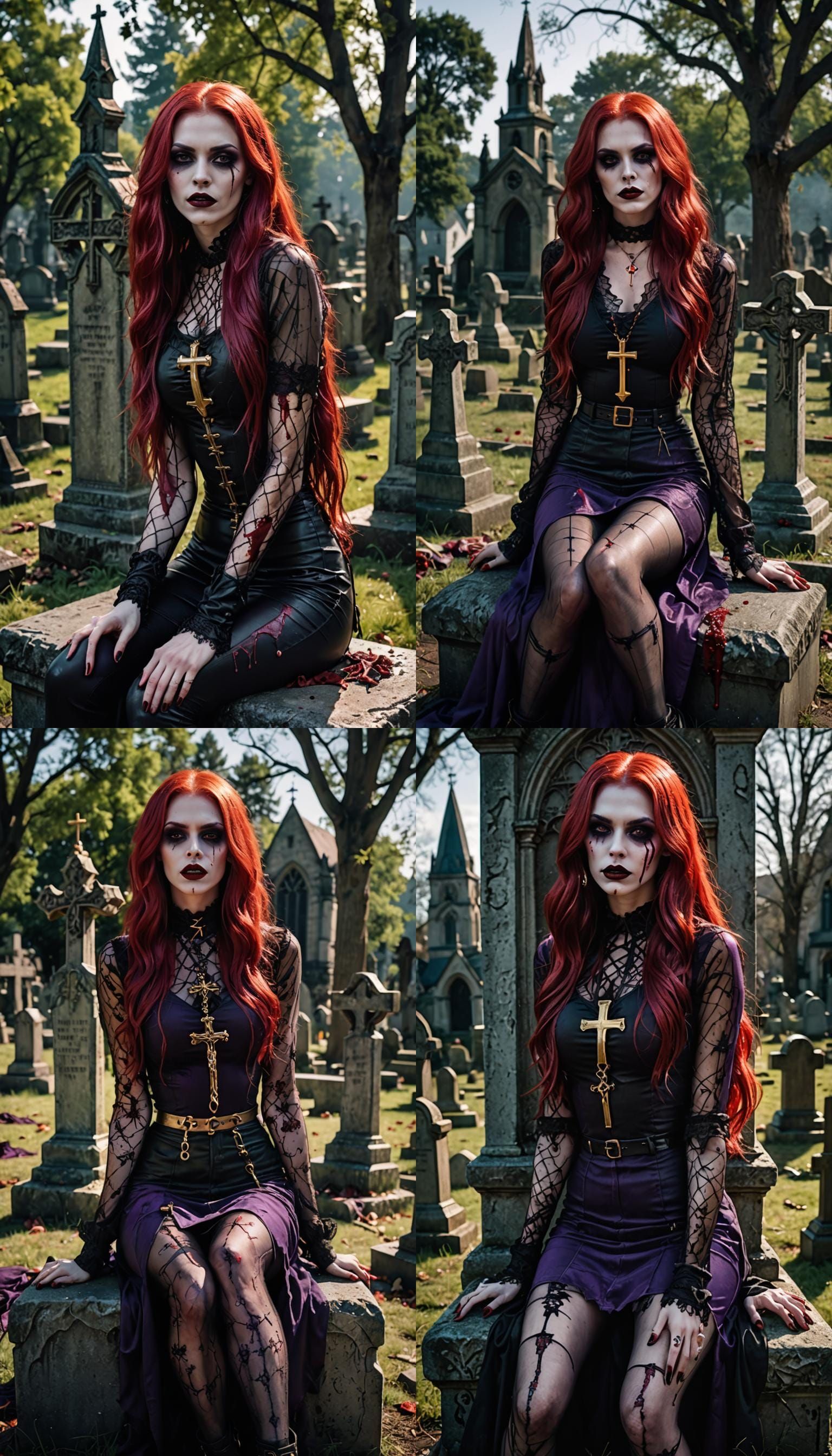Sitting on the tombstone ,is a skiny, young Vampire with Red...