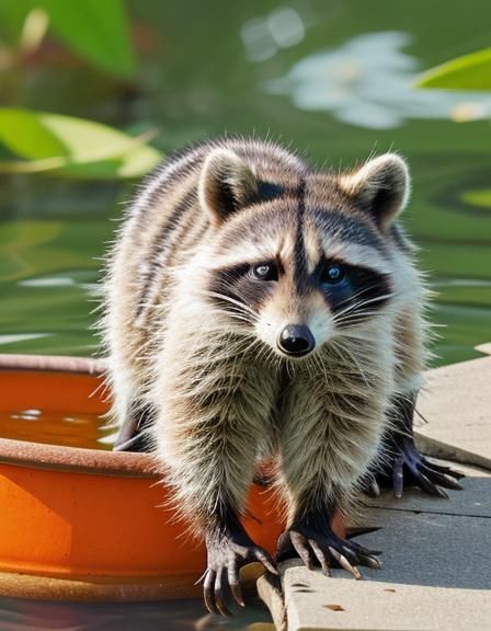 Watercolor Raccoon Cub Plays in Water