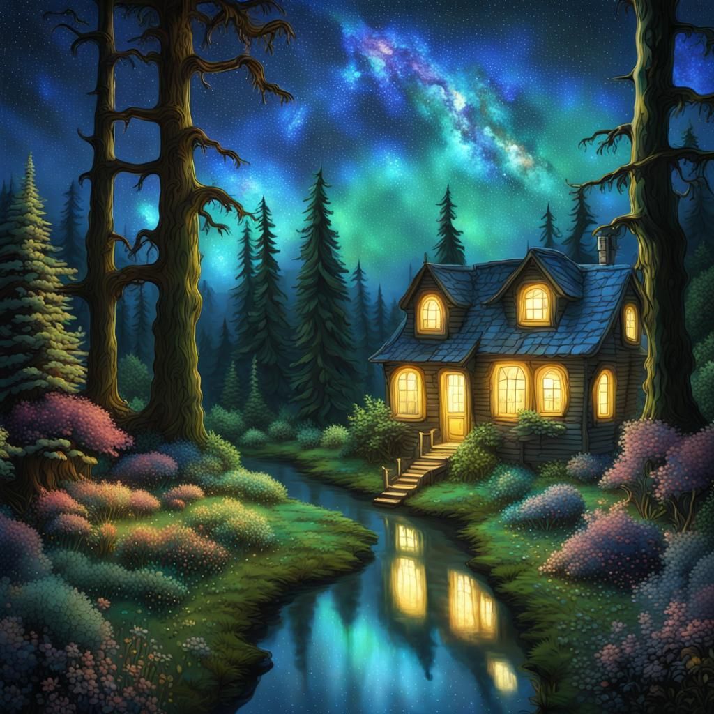 Enchanted Bioluminescent Forest with Glowing Cottage