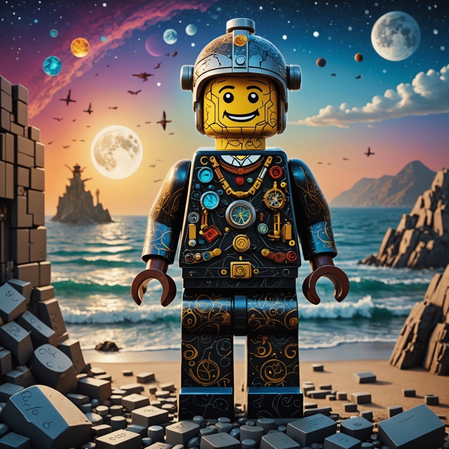 Steampunk Lego Man in an Out-of-this-World Seascape
