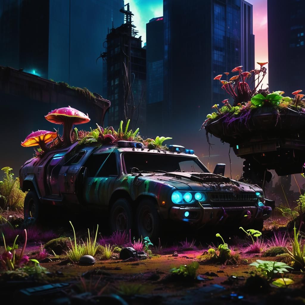 Apocalyptic Seattle Cityscape with Bioluminescent Flora