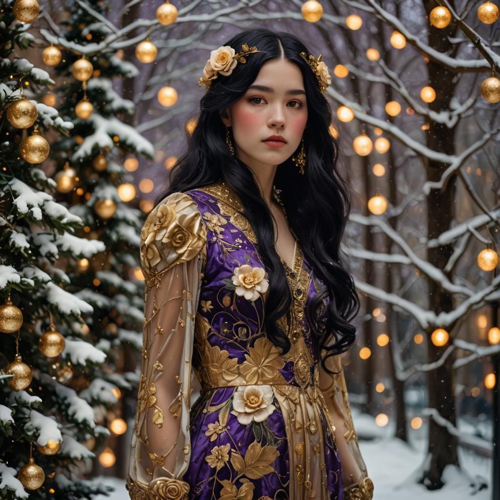 Art Nouveau Girl in Snowy Christmas Setting