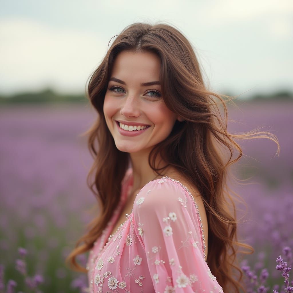 Woman in Lavender Field, Hyperrealistic Style
