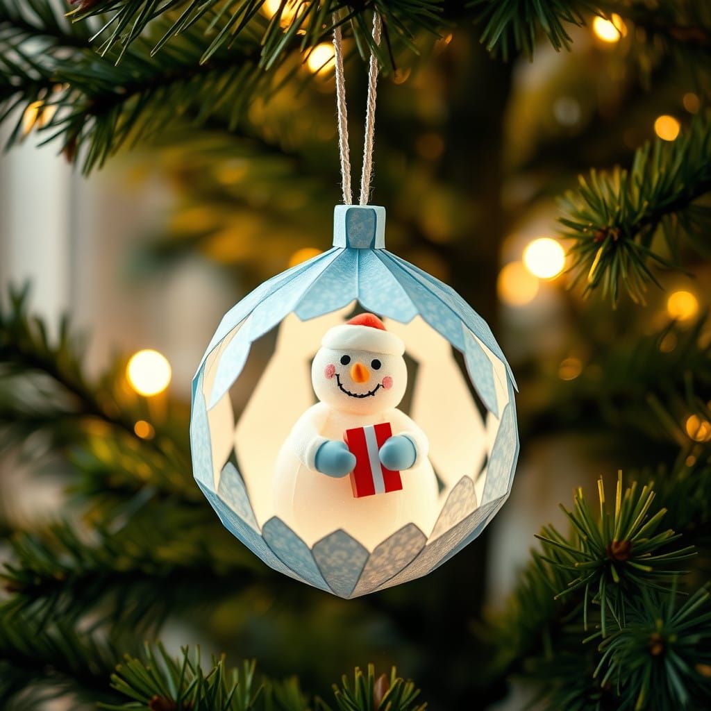 Delicate, Intricately Folded Paper Ornament with Snowman and...