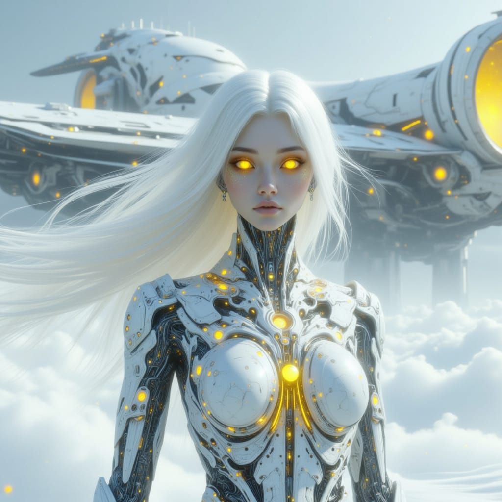 A female with stark white wispy hair, neon glowing yellow eyes, wearing an intricate white biomechanical suit stands in ...