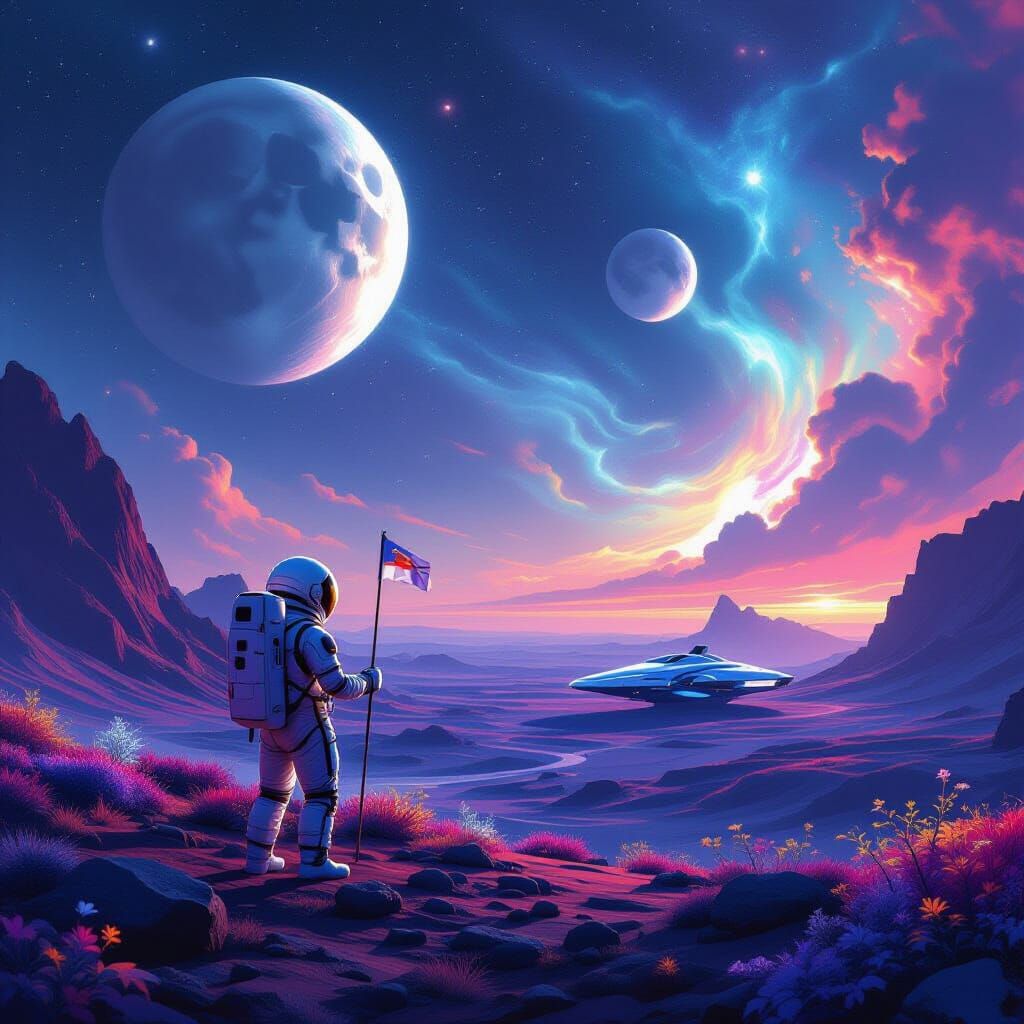 Astronaut Plants Flag on Alien World Under Twin Moons