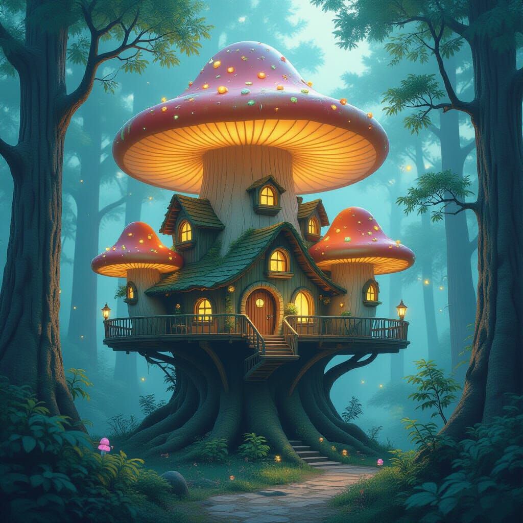 Enchanted Mushroom Village in Watercolor Style
