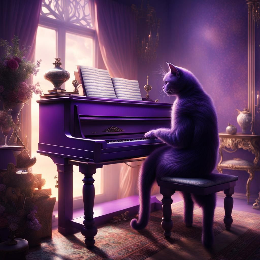 Purple Cat at Piano: Epic Digital Painting