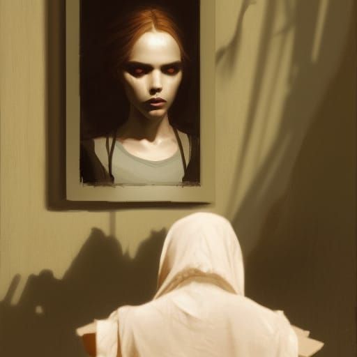 Ominous Girl Gazing in Mirror, Horror Art
