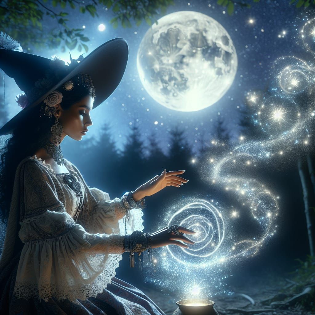 Hispanic Witch Casting Spells Under a Full Moon