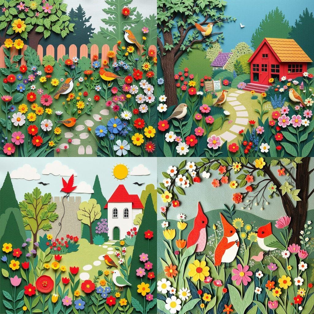 Colorful Paper Garden Scene with Cottage