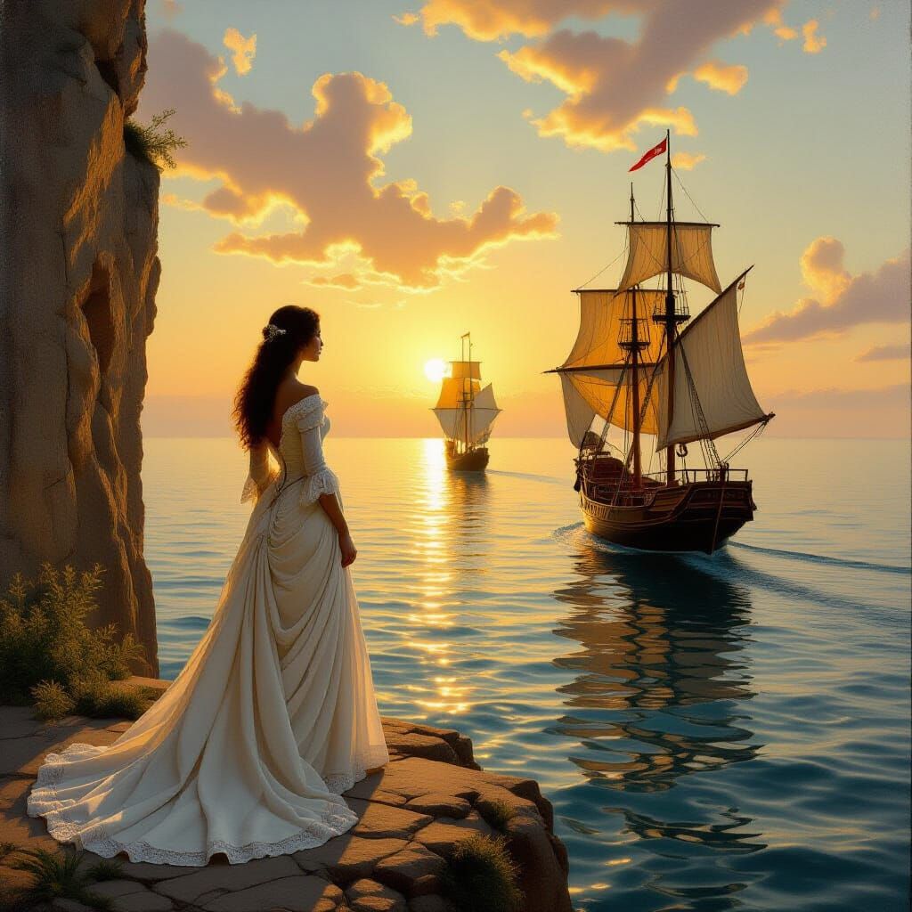 Renaissance Woman Gazes at Sea with Tall Ships