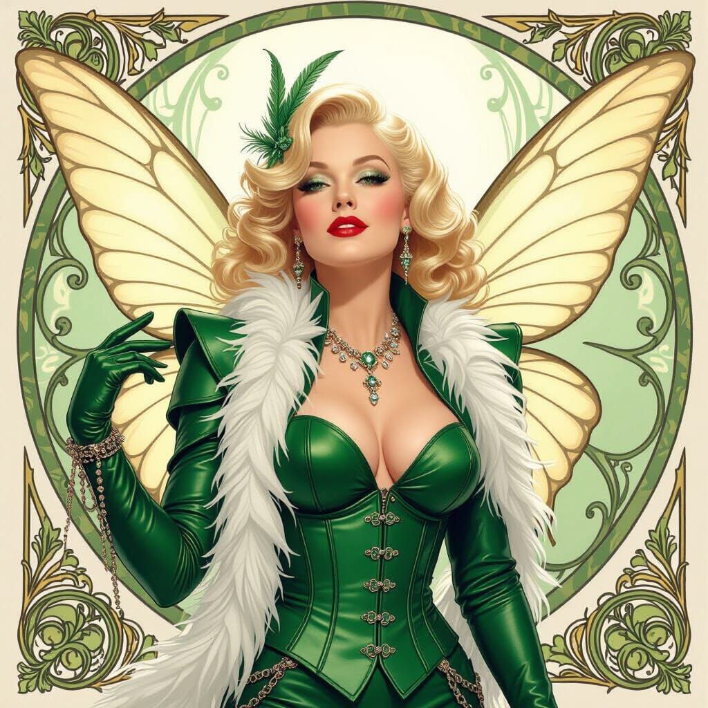 Mae West as Art Nouveau Fairy in Green Leather