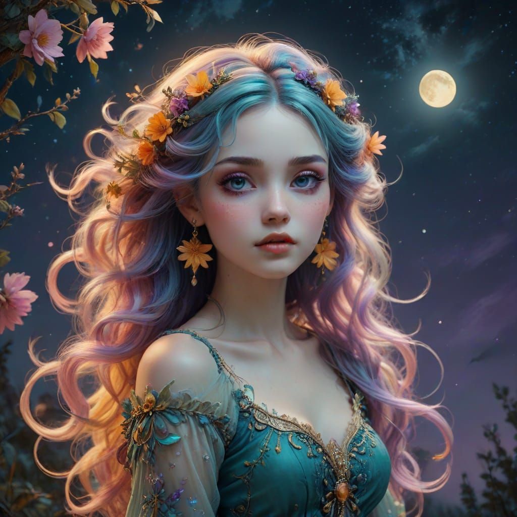 Dreamy Goddess in Vibrant Hues, Adorned with Floral Majesty