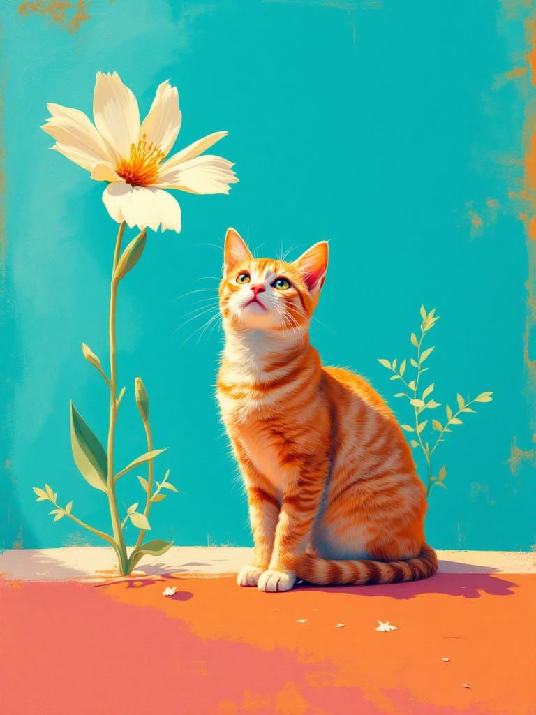 Adorable Cat Under Tall Flower in Sun-Drenched Mediterranean...